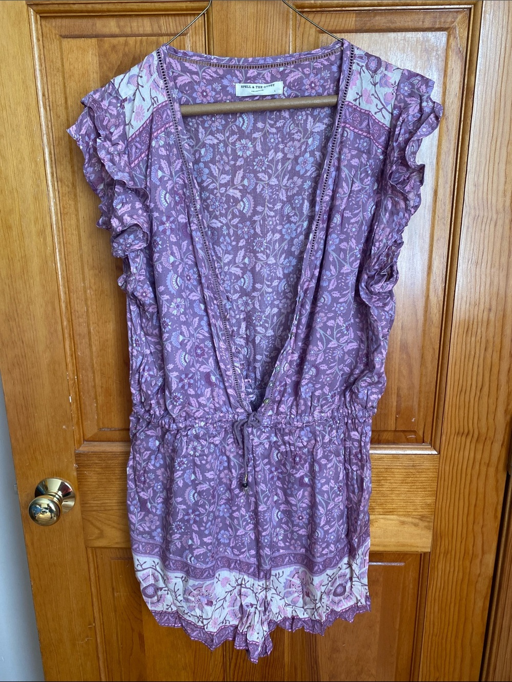 Spell Lavender Floral V-Neck Ruffle Romper